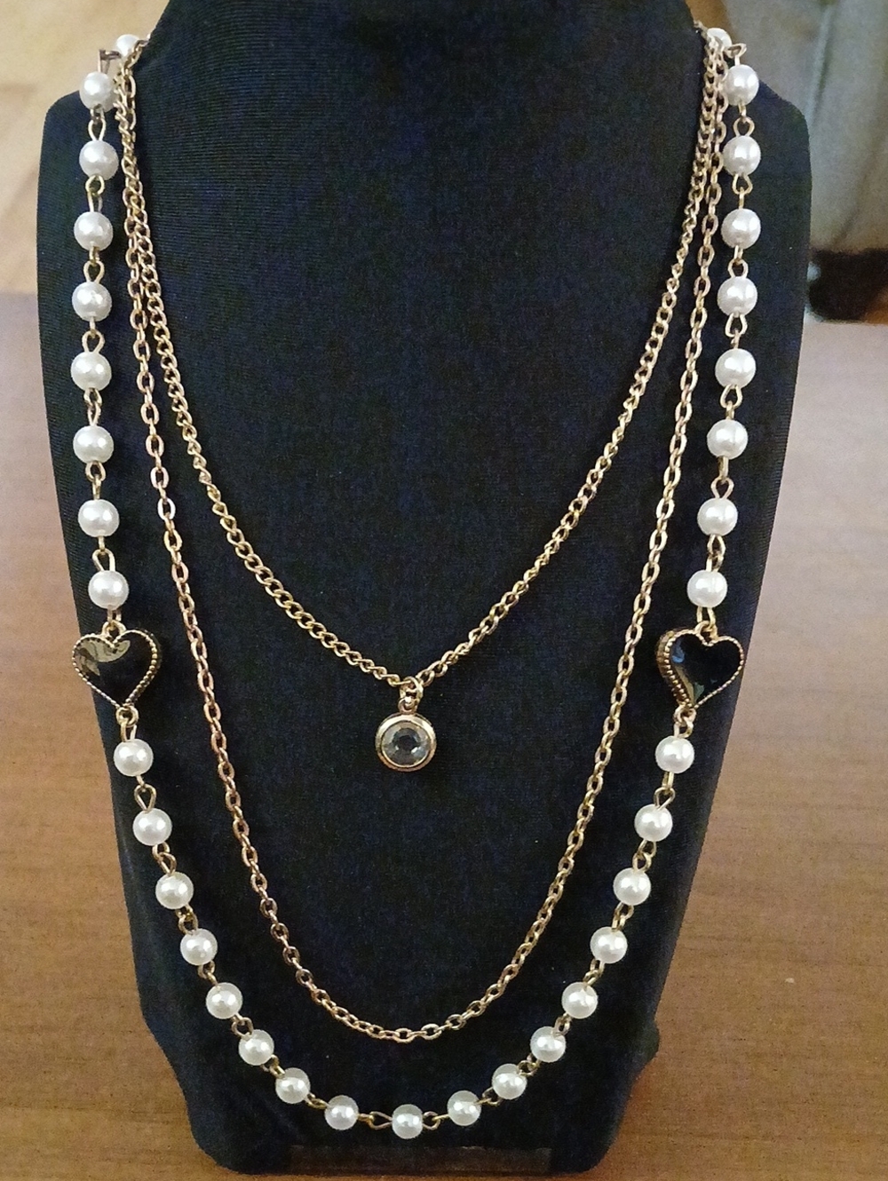 Long Layered Gold Tone Faux Pearl Heart Necklace - Gold/White/ Black 34" Chain